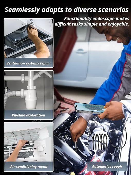 Acoath Endoscope Camera with Light, Dual-Lens 1920P HD Borescope with 8 Adjustable LED Lights, IP67 Waterproof Boroscope Inspection Tools, 16.4ft Semi-Rigid Snake Camera for iOS & Android
