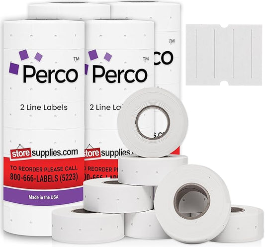 Perco 2 Line White Labels - 24,000 Blank Price and Date Gun Labels for Perco 2 Line Price and Date Guns - 32 Rolls, 4 Sleeves - Made in USA