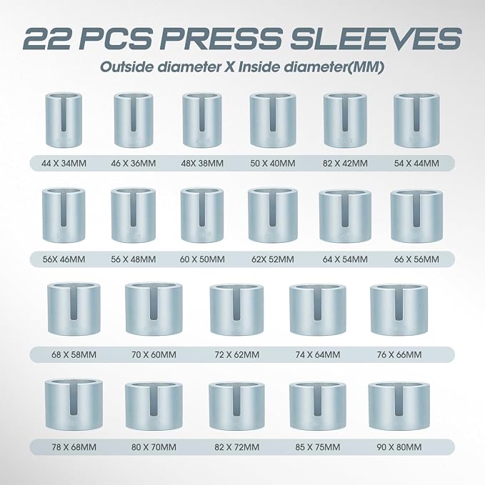 DNA Motoring 27pcs Universal Press and Pull Sleeve Kit, Wheel Bearing/Suspension Bushing Removal Tool Set w/ 22 Adapters (34-80mm ID) & M10-M18 Press Spindles, TOOLS-00783