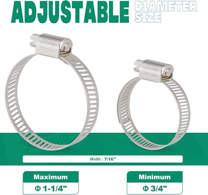 OURU 10PCS Hose Clamps Stainless Steel Adjustable 3/4"–1-1/4"(18-32mm) Worm Gear Hose Clamp, Heavy Duty Metal Small Hose Clamps for Automotive, Pipe, Radiator Plumbing, Fuel Line