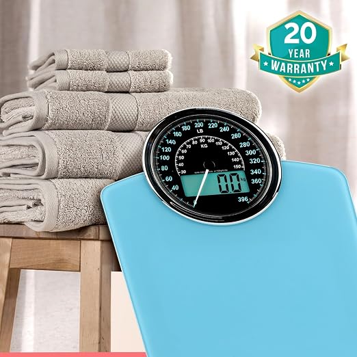 Hybrid Bathroom Scale - Analog & Digital Display, Accurate to 400 lbs | See weight on both an analog dial and digital LCD at once. Wide glass platform, accurate to 0.2 lbs, batteries included.