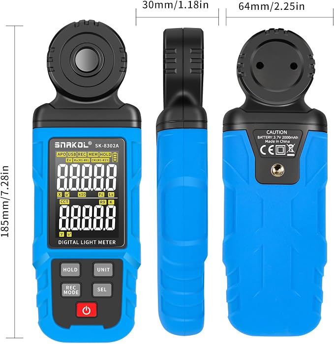 Spectral Illuminance Meter SK-8302A Light Meter, Lux Meter, CCT,RA,CRI,R9,Range up to 200,000 Lux 2500K-15000K, Color Coordinate,Data Storage, USB Charger, PC Software,Lighting Testing Tool
