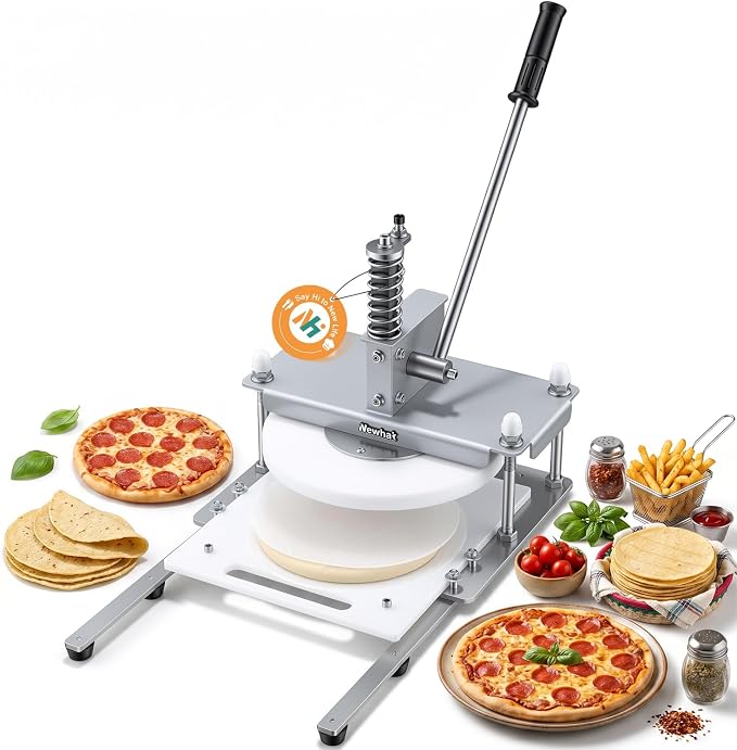 Newhai Manual Pizza Dough Press Machine 9.8" Stainless Steel Dough Sheeter Pastry Pizza Bread Press Forming Processor with Parchment Papers for Bakery Home Restaurant Use