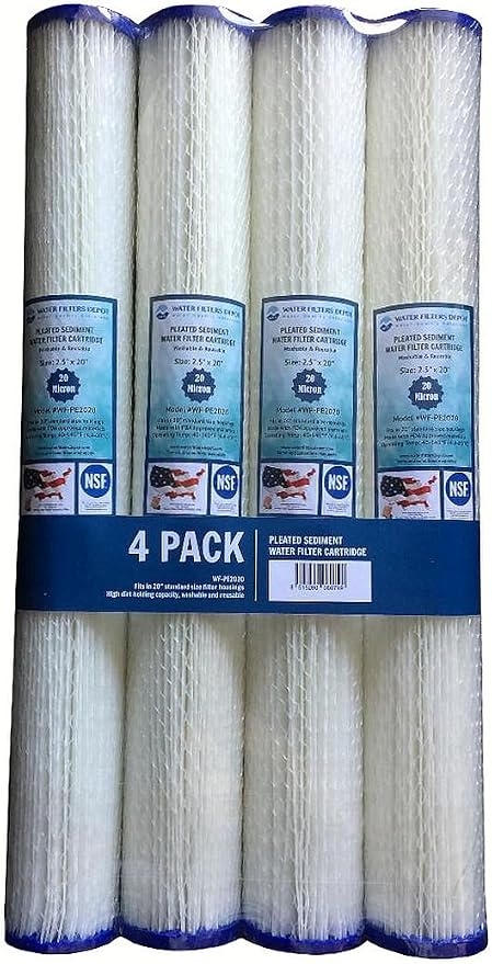 WFD, WF-PE2020 2.5-inch x 20-inch Pleated Sediment Water Filter Cartridge, fits in 20-inch standard size housings of filtration systems (4 Pack, 20 Micron)