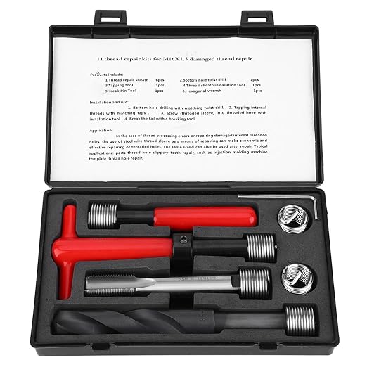11Pcs Thread Repair Kit,M16x1.5 Length 1.5D Stainless Steel Twisted Drill Tap Wrench Threaded Insert Tool,Metric-Imperial Units Conversion Helicoil Repair Kit