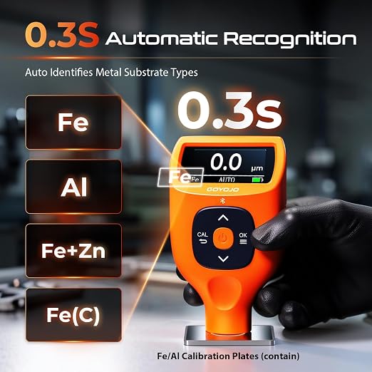 Paint Thickness Gauge with APP, 0-5000 μm (0-179 mils) Coating Thickness Meter, Auto Fe/Al/Zn/Fe(C) Detection, 0.1μm Resolution, ±(2%+1μm) Accuracy for Paint Inspection