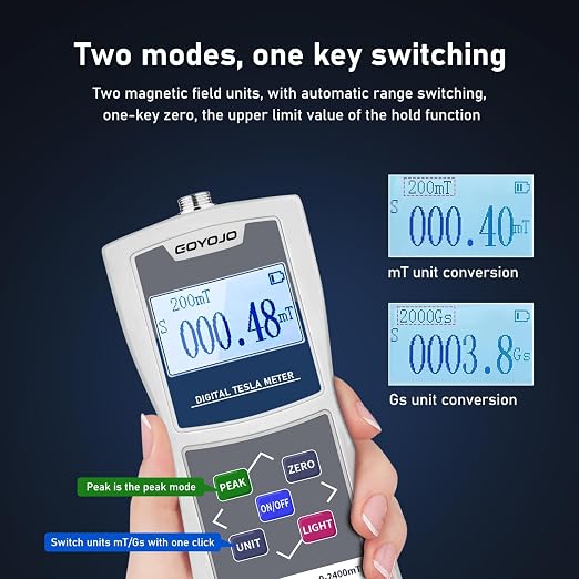 GOYOJO Digital Gauss Meter (2400mT/24000Gs), High Accuracy Magnetic Field Tester for DC Magnet Measurement, Permanent Magnets, Motors, Speakers, and Industrial Applications, ±5% Accuracy