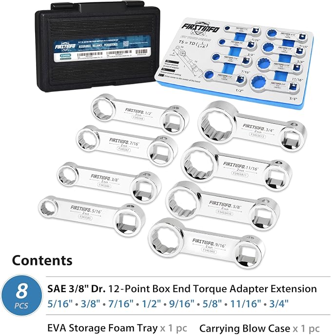 FIRSTINFO 8-Piece 3/8" Drive SAE 12-Point Box End Torque Adapter Set | 5/16-3/4 in sizes • 2 in center-to-center length • CR-V steel • Blow-mold case & tray • Made in Taiwan