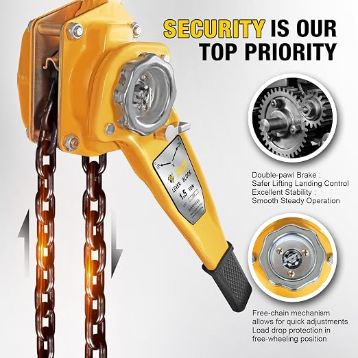 YELLOW JACKET 1.5 Ton Manual Lever Chain Hoist, 10 FT Come Along, G80 Galvanized Carbon Steel with Weston Double-Pawl Brake, Chain Come Along and Safety Measures for Chain Fall