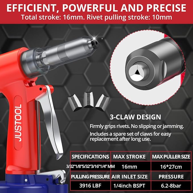 JUSTOOL 3916 LBF Heavy Duty Air Rivet Gun Pneumatic Rivet Gun, 5 Nosepieces 3/32", 1/8", 5/32", 3/16", 1/4", 16mm Maximum Stroke, NPT 1/4 inch Air Pop Riveter for Automotive, Construction, Industries