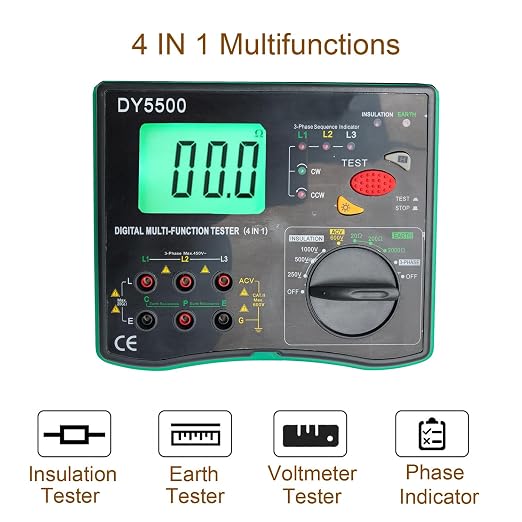 4-in-1 Digital Multimeter with Ground Earth Resistance Tester, Insulation Resistance Tester, Phase Sequence Detector & Voltmeter - 0.01Ω Resolution 600V AC/DC Voltage Measurement Auto-Ranging