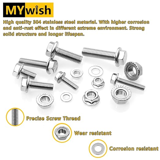 224Pcs M6 Bolt x 12/16/20/25/30mm, M6x1.0 Bolt, Flanged Hex Head Bolts with Flange Nuts Washers, 304 Stainless Steel M6 Screws, Metric Bolt Assortment, DIN 6921 By Mywish