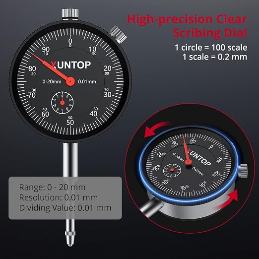 XUNTOP Dial Indicator with 176lbs/80kg Magnetic Base,1inch/0.001inch Imperial Dial Test Gauge Set with Storage Case for Lathe,3D Printer,CNC,Car,Workshop