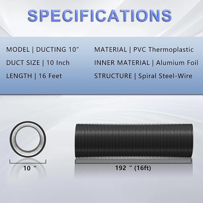 10 Inch Flexible Ducting Hose 16 Feet Black Aluminum Ducting -4 Layer Protection Dryer Vent Hose for HVAC Heating Cooling Ventilation and Exhaust, 2 Clamps Included