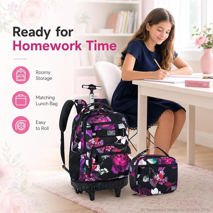 3Pcs Rolling Backpack for Girls Women, Travel Roller Backpacks with Wheels for Adults, Teens College Rose Wheeled Bookbag with Lunch Box(Black)