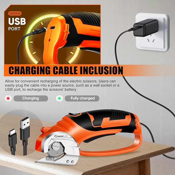 SakerPlus Cordless Electric Scissors, 4V Cardboard Cutter, Box Cutter Fabric Scissor with Safety Lock & LED Light, Rechargeable Power Rotary Cutters for Box Carpet Fabric Plastic Leather