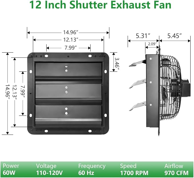 12 inch Shutter Exhaust Fan Louvered Exhaust Fan w/Speed Controller Attic Vent Fan for Chicken Coops, Greenhouse, Gable, Barn, Garage, Shed Ventilator 970 CFM 1700RPM