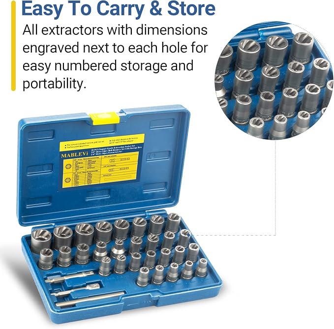 MABLEVI 32PCS Bolt Extractor Set, Upgrade Impact Bolt & Nut Remover Set, Stripped Lug Nut Remover, Extraction Socket Set for Removing Damaged, Frozen, Rusted, Rounded-Off Bolts, Nuts & Screws