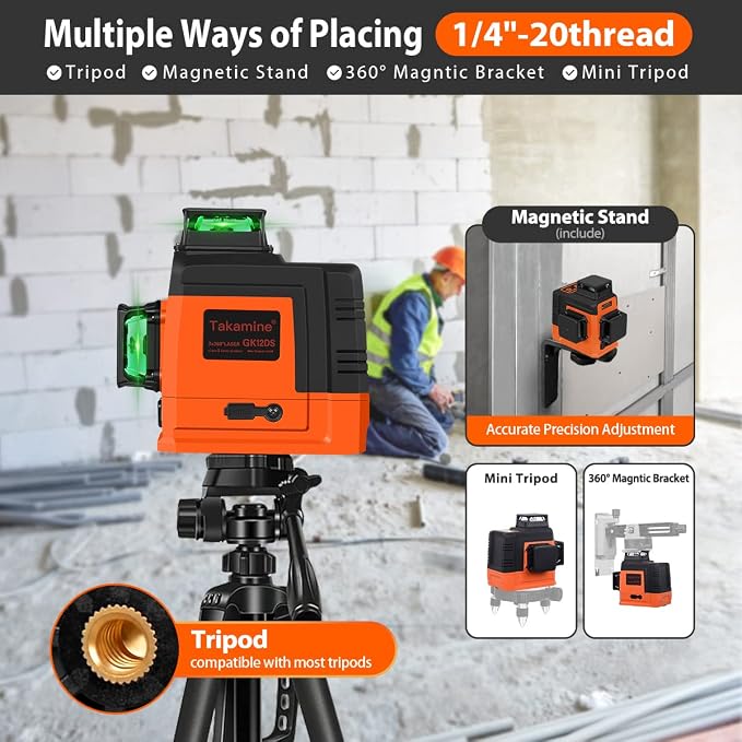 Takamine 12 Lines Laser Level Self Leveling 3x360° 3D Green Cross Line for Construction/Picture Hanging, Remote Controller, Magnetic Stand and portable bag