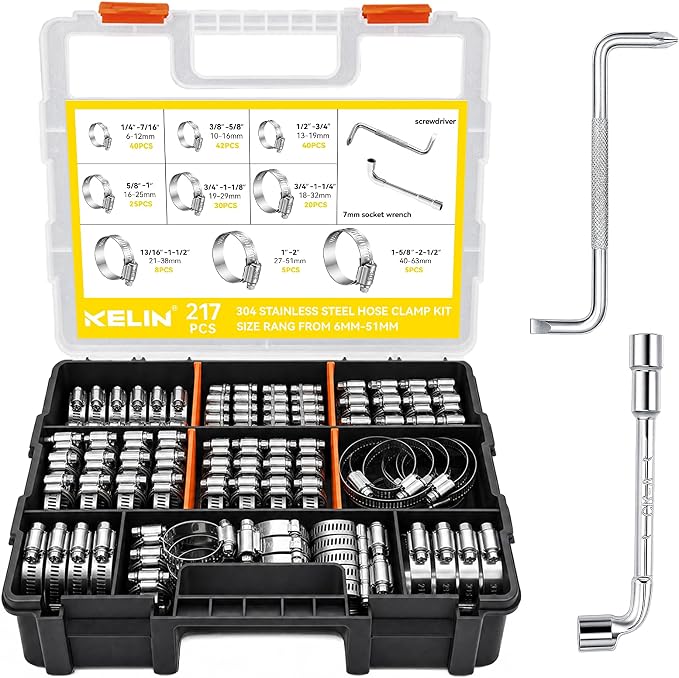 KELIN 217PCS 304 Stainless Steel Hose Clamp Kit, 9 Sizes from 1/4" to 2-1/2" (6-63mm) Adjustable Worm Gear Clamps with Socket Wrench& Screwdriver, Automotive Fuel Line Water Pipe Clamps Assortment Set