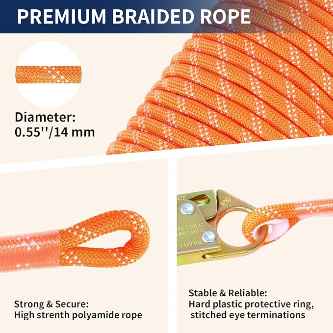 Fall Protection Safety Rope 50FT, Heavy Duty Vertical Lifeline Assembly with Grab Snap Hooks Shock Absorber, Safety Lanyard for Roofing Tree Climbing Construction
