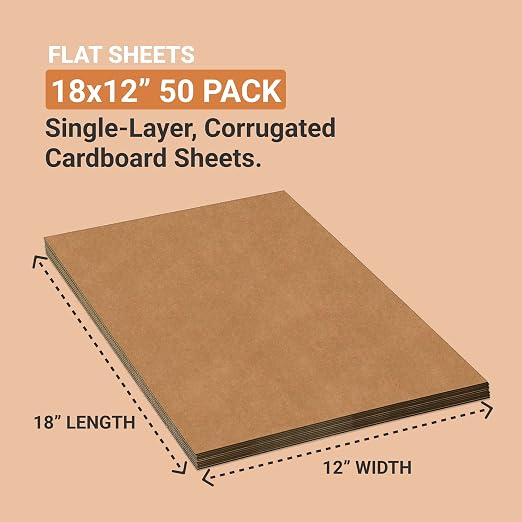 Box USA AVIDITI Shipping Cardboard Sheets 18"L x 12"W, 50-Pack | Corrugated Sheets for Packing, Moving and Storage Supplies,Kraft'