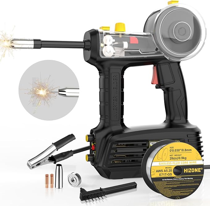 Hand Held MIG Welder Machine 110V, HIZONE 100A Flux Core Portable Welding Machine, Handheld Gasless Inverter Wire Feed Welding Equipment