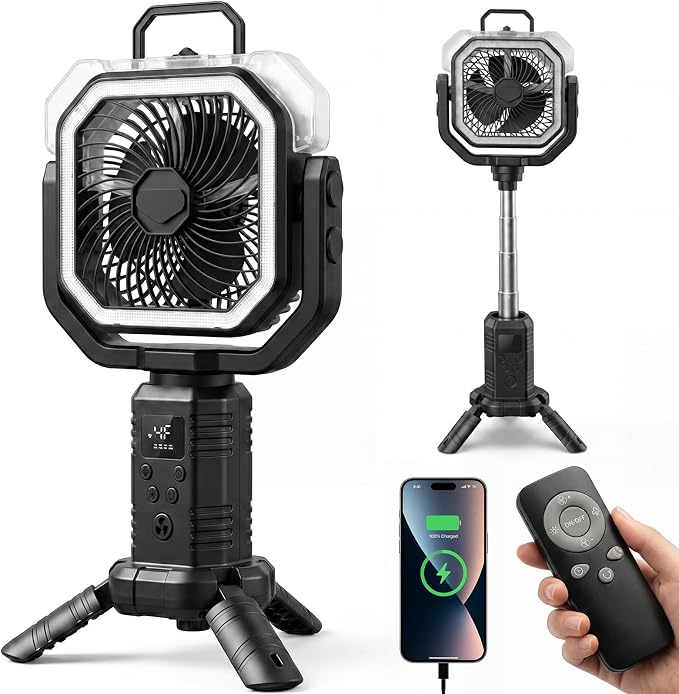Portable Misting Fan, Rechargeable Camping Fan with 400ml Tank, 20000mAh Battery, Remote Control, LED Light, 4 Speeds, Oscillating Outdoor Fan for Tent, Patio, Beach, RV, Garage, Indoor Outdoor, Black