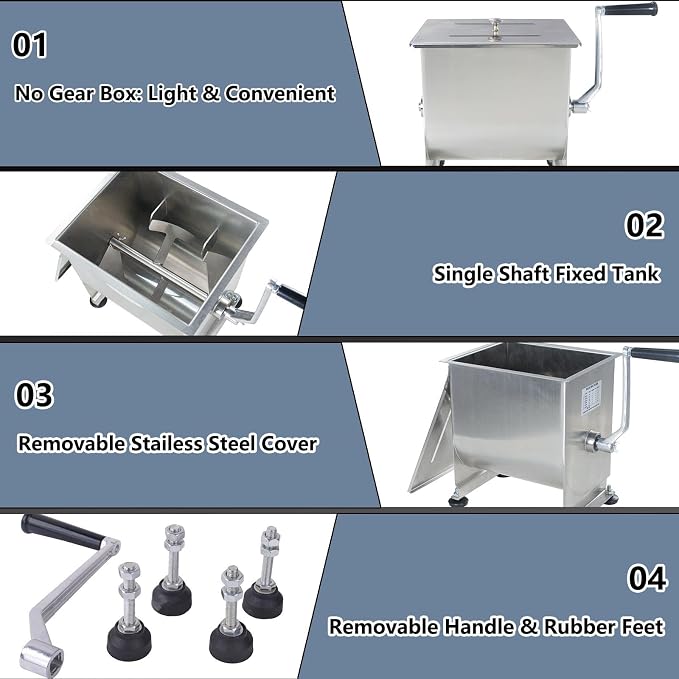 CLIVIA Meat Mixer, 15 Pound Meat Mixer for Sausage, 15lbs 7.5L Capacity Tank No Gear Box Sausage Mixer, Stainless Steel Food Processing Equipment, Hand Mixer with Lid for Meat, Sausage, Vegetable