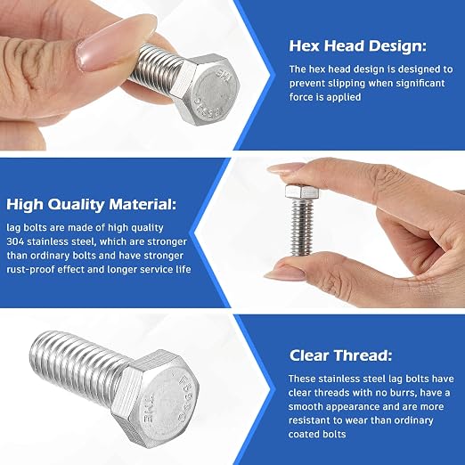 Zonon 50 Pcs 5/16-18 x 1" Hex Head Screw Bolt 18-8 (304) Stainless Steel Hexagon Bolts, Fully Threaded, Plain Finish, External Hex Drive (Silver)