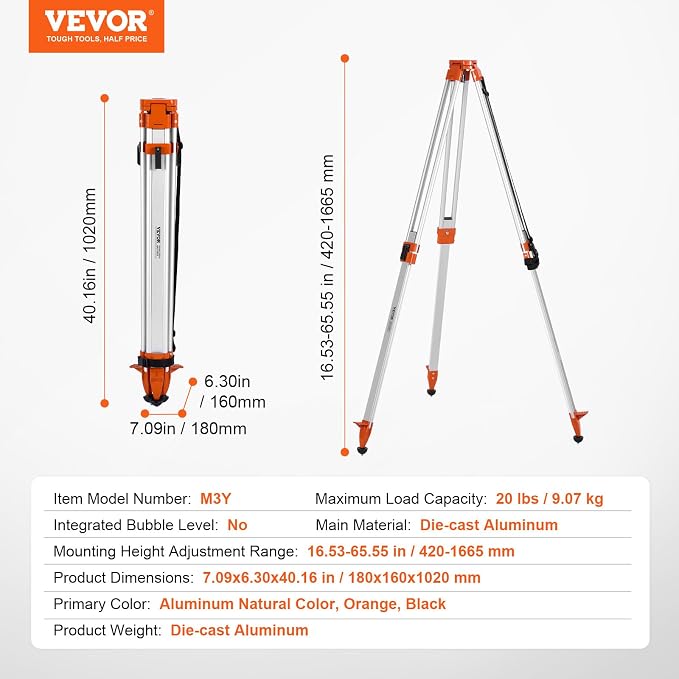 VEVOR Laser Level Tripod Stand, 5/8"-11 Thread Mount, 16.53-65.55 inch Height Adjustment Heavy Duty Survey Tripod for Construction Laser Level Scanner, Retractable Legs Non-Skid Feet Professional