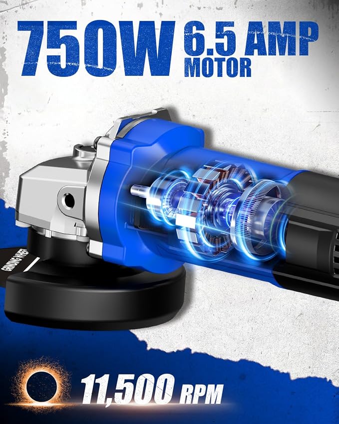 AVID POWER Angle Grinder 4-1/2 inch Electric Grinder Tools 750W 6.5 Amp Metal Grinder, 11500 RPM, with Grinding Wheels, Auxiliary Handle, Wrench for Grinding - Blue