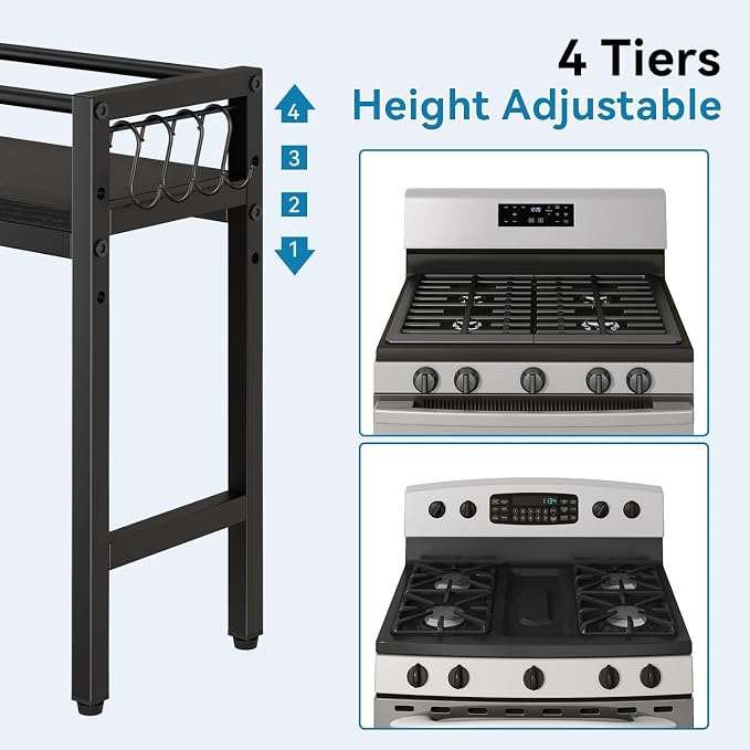 YMYNY 32.5" Spice Rack Over Stove Kitchen Organizer Black UHSR008B | With 4 hooks & side basket, this shelf adds extra countertop storage for spices, utensils, oil bottles and kitchen essentials