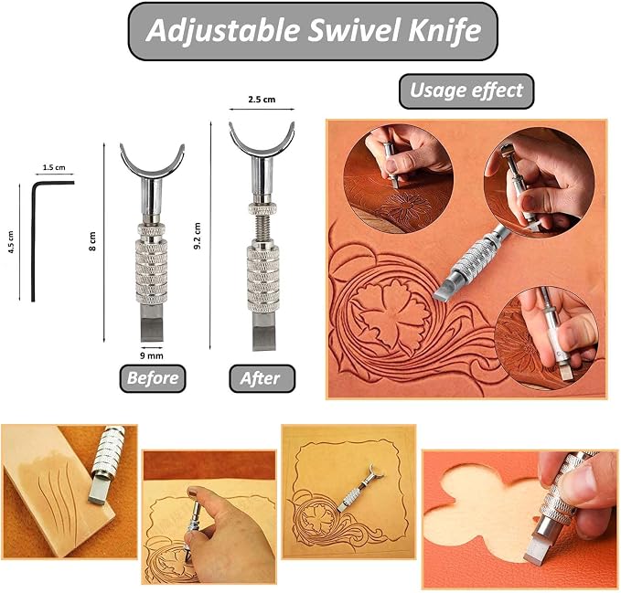 Leather Tooling Kit, Including Leather Cutting Knife Tracing Wheel Edge Beveler Groover Wooden Burnisher Swivel Knife Leathercraft Accessories-7PCS-silver