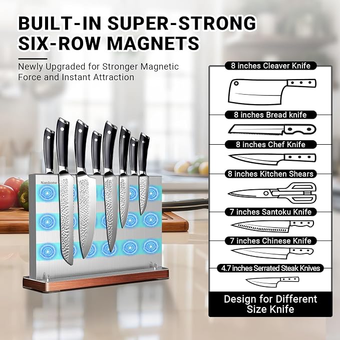 Magnetic Knife Block Stand Without Knives Double Sided Magnetic Knife Holder Rack for Kitchen Counter Stainless Steel Knife Magnetic Strip Display Stand Storage Organizer with Wood Base