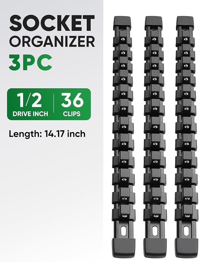 ALOANES 3PC ABS Socket Organizer, Socket Rails Fit 1/2 inch Drive | Portable Heavy Duty Socket Holders Hold up 36 Sockets for Toolbox Drawer Bags(Black)