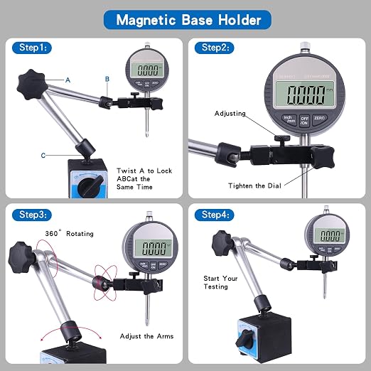 Qnkaa Electronic Digital Dial Indicator with Magnetic Base Holder Fine Adjustable Long Arm 0-1" / 25.4mm Inch/Metric Conversion Professional Gauge 0.01mm/0.001"