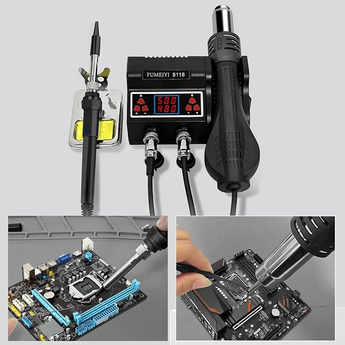 8118 Soldering Station Kit: Includes an 8118 hot air gun, 2 rolls of solder wires, 5 soldering tips, a simple stand, a desoldering pump, and a pair of curved tweezers