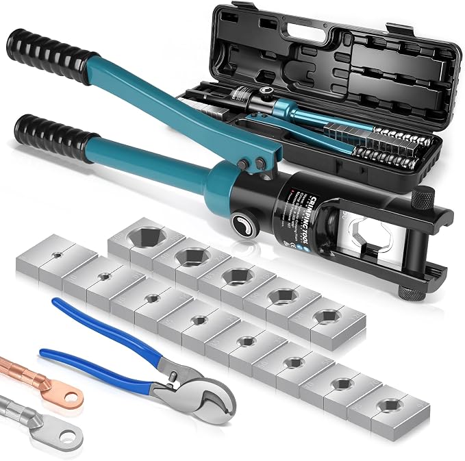 Hydraulic Crimping Tool, 16 Tons Wire Crimping Tool Kit with Cable Cutter | With 13 Pairs of Dies, 12 AWG to 600 MCM, Wire Rope Crimping Tool for Battery Cable Ends Ring Terminals, Blue