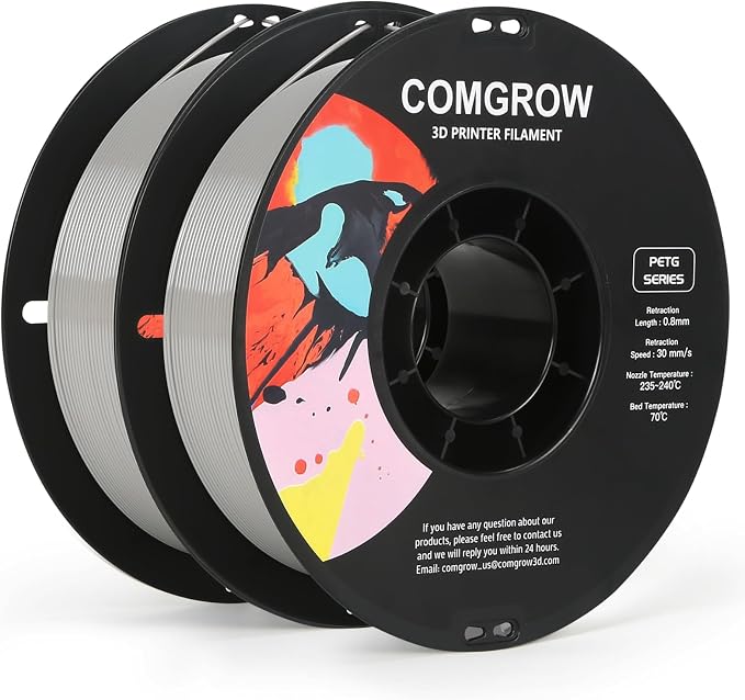 Comgrow PETG 3D Printer Filament 1.75mm, High Precision and Tough 3D Printer Filament 2kg (4.4LBS), Dimensional Accuracy +/- 0.02 mm, Fit Most 3D Printers Gey + Grey
