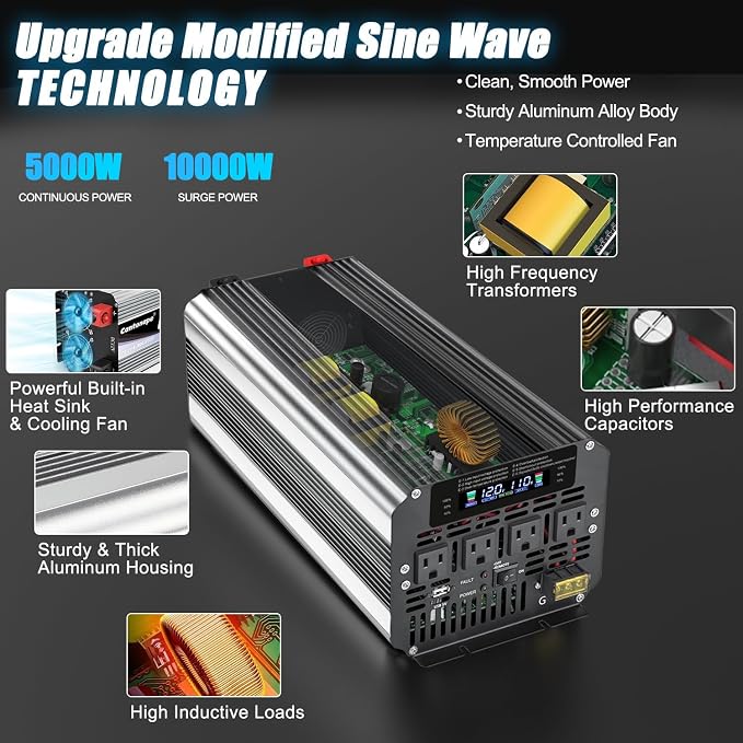 Cantonape 5000W Power Inverter 12V to 110V/120V DC to AC with LCD Display, Remote Controller and 4 x AC Outlets Car Adapter for Car Truck Boat RV Off Grid Solar System