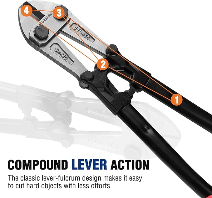 WORKPRO 18" Bolt Cutter, Chrome Molybdenum Steel Blade, Heavy Duty Bolt Cutter with Soft Rubber Grip, Cutting Tool for Cut Chain, Wire, Screw, Rivet, Black,blue,red