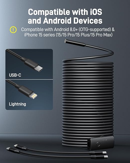 Anykit Endoscope Camera with Light, 1920P HD Borescope with 8 Adjustable LED Lights, Semi-Rigid Snake Camera with Light, IP67 Waterproof Inspection Cam for iPhone & Android, 50 ft Single Lens