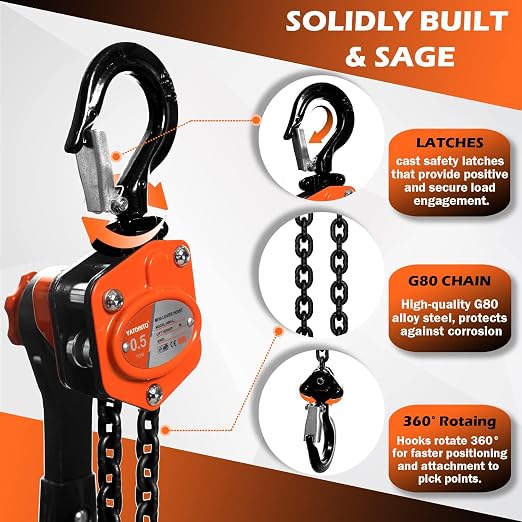 YATOINTO Mini Lever Chain Hoist 1/2 Ton 1100 lbs Lever Hoist 20 ft Ratchet Chain Puller Hoist 2 Heavy Duty Hooks Industrial Grade Steel Construction (1100lb 20ft)