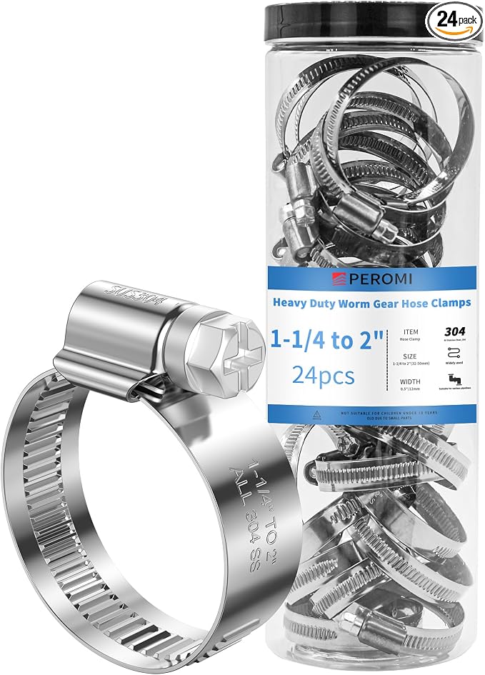 24PCS Adjustable Hose Clamps, 304 Stainless Steel Worm Gear, 1-1/4" to 2"(32-50mm), Rolled Edge No Perforations, Heavy Duty Reusable Pipe Clamp for Automotive, Factory, Industrial Use