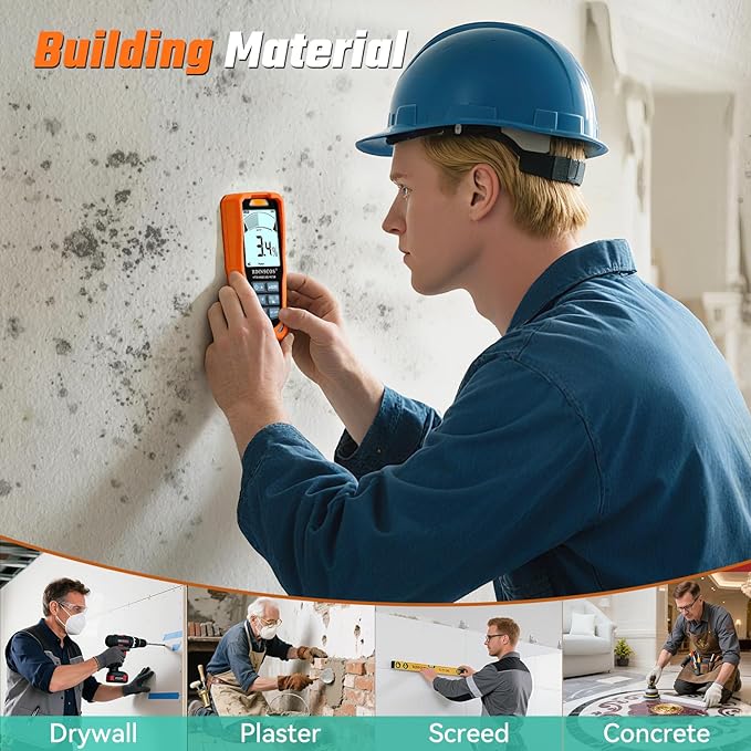 Pinless Moisture Meter for Walls and Wood | Non-Destructive, For Drywall, Concrete & Flooring, Rechargeable, Digital Moisture Tester