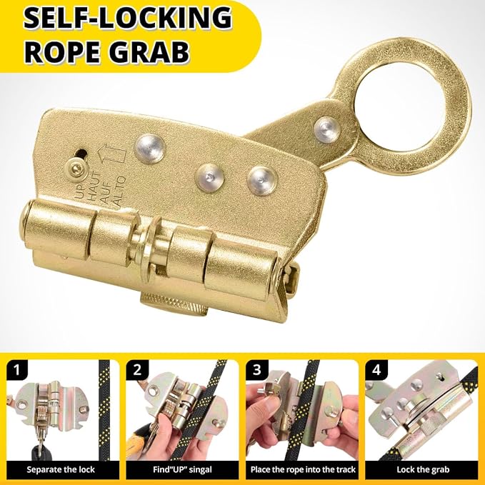 TRSMIMA Rope Harness Safety Lanyard：25/50/100/150ft Vertical Roofing Rope Grab Snap Hooks Shock Absorber Fall Protection Kit