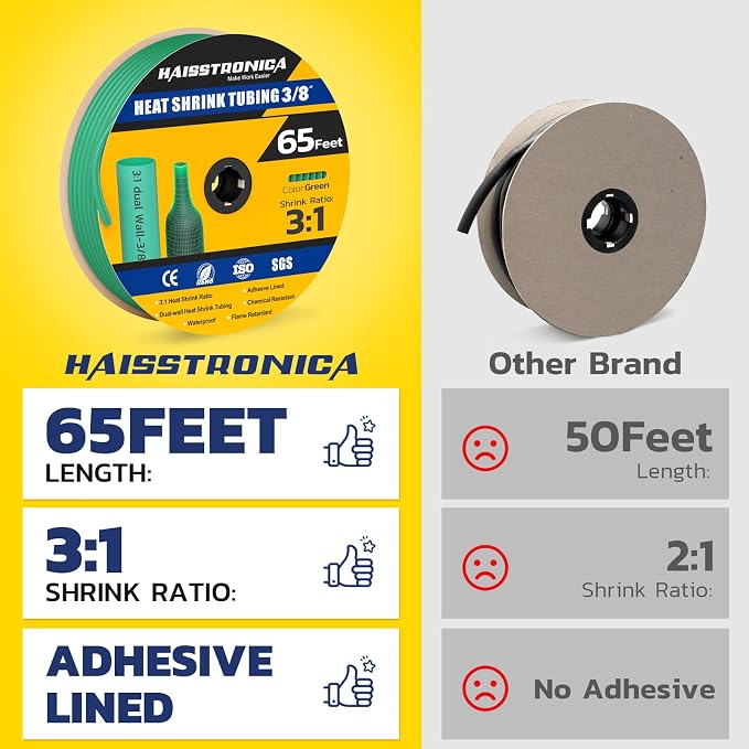 haisstronica 3:1 Heat Shrink Tubing, Shrink Ratio Adhesive Lined Marine Grade Heat Shrink Tube for Home, Automotive and Industrial (Green) 65FT 3/8inch