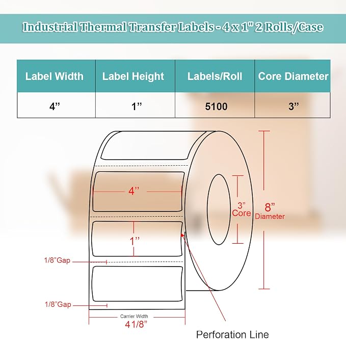 Industrial Thermal Transfer Labels 4x1 for Barcode Shipping, Ribbon Required, 3 Inch Core, 2 Rolls/Case 5100 per Roll, Perforated, Compatible with Thermal Transfer Printers