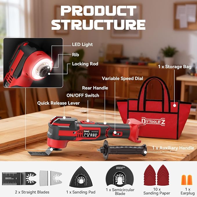 Cordless Oscillating Tool Compatible with Milwaukee 18V Battery(Tool Only), 21,000 OPM Upgraded Brushless 18V Oscillating Multi-tool with 6 Speed, LED Light, DIYtoolifz 4.5° Oscillating Tool for Wood